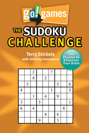 GoGames The Sudoku Challenge book cover featuring a partially filled puzzle grid and starburst noting 240 puzzles.