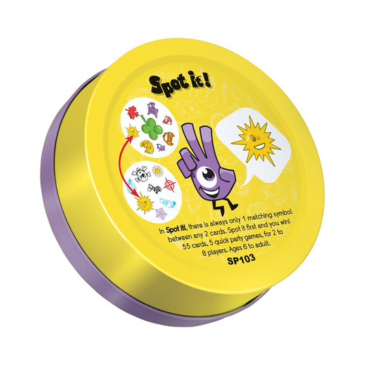 Spot It Classic (Eco) yellow and purple tin with symbols and a hand logo on the lid.