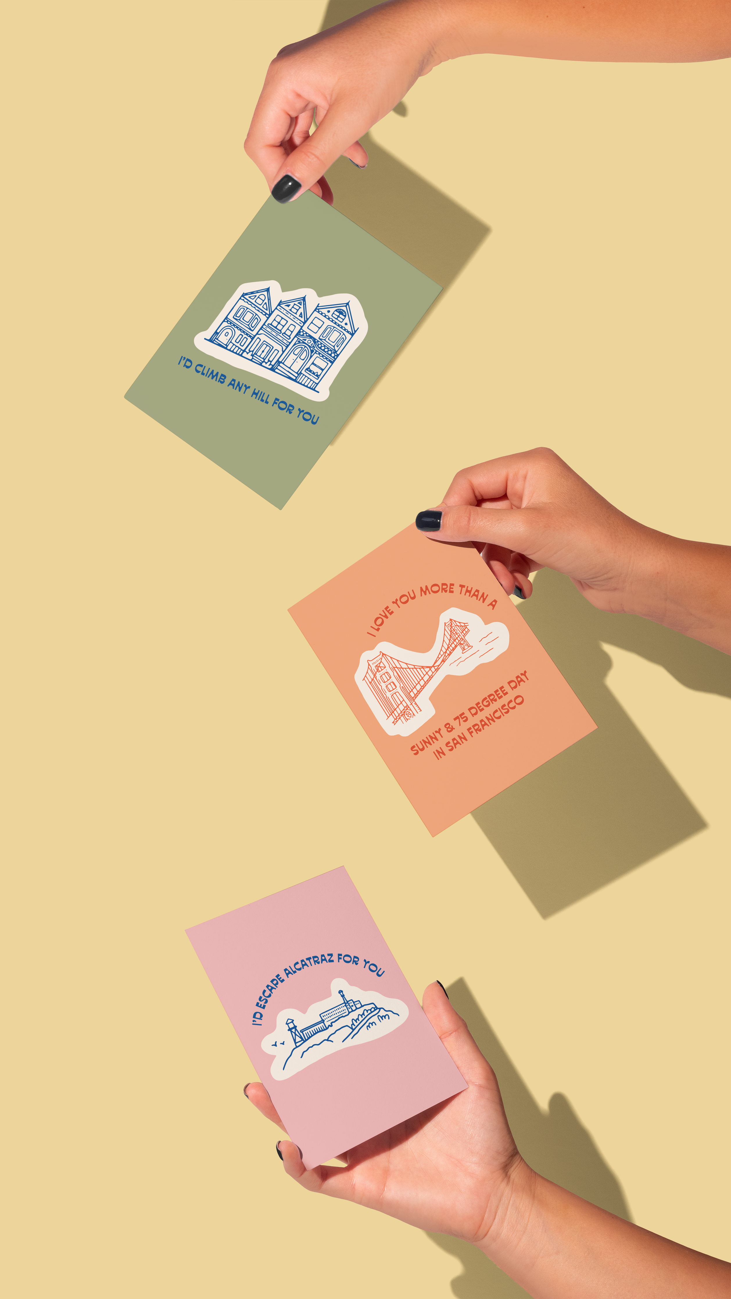 Id Climb Any Hill For You greeting card with city-inspired illustrations held by three hands.