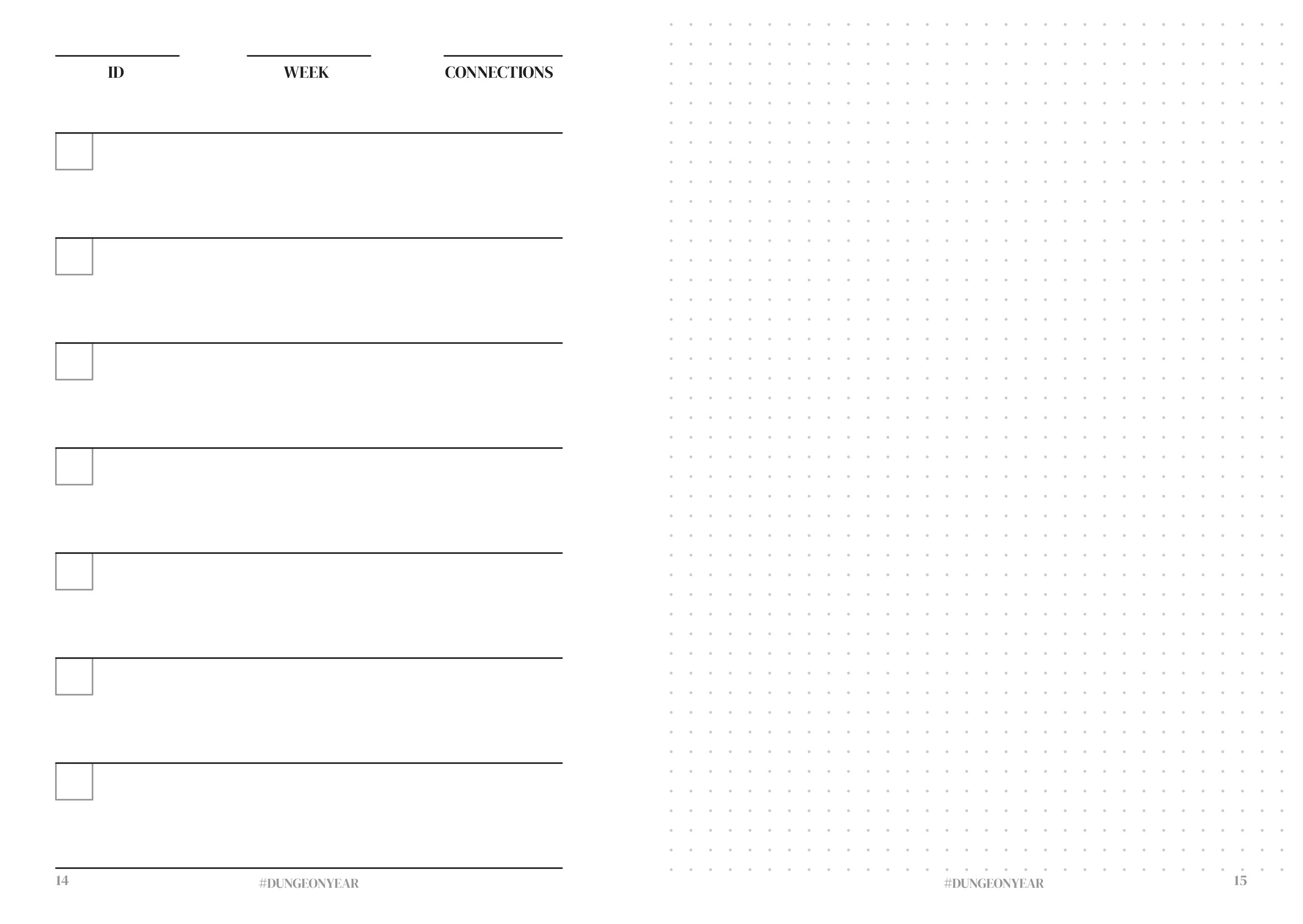 Design Journal showing checklist table for ID, week, connections and a dotted grid to track Dungeon Year.