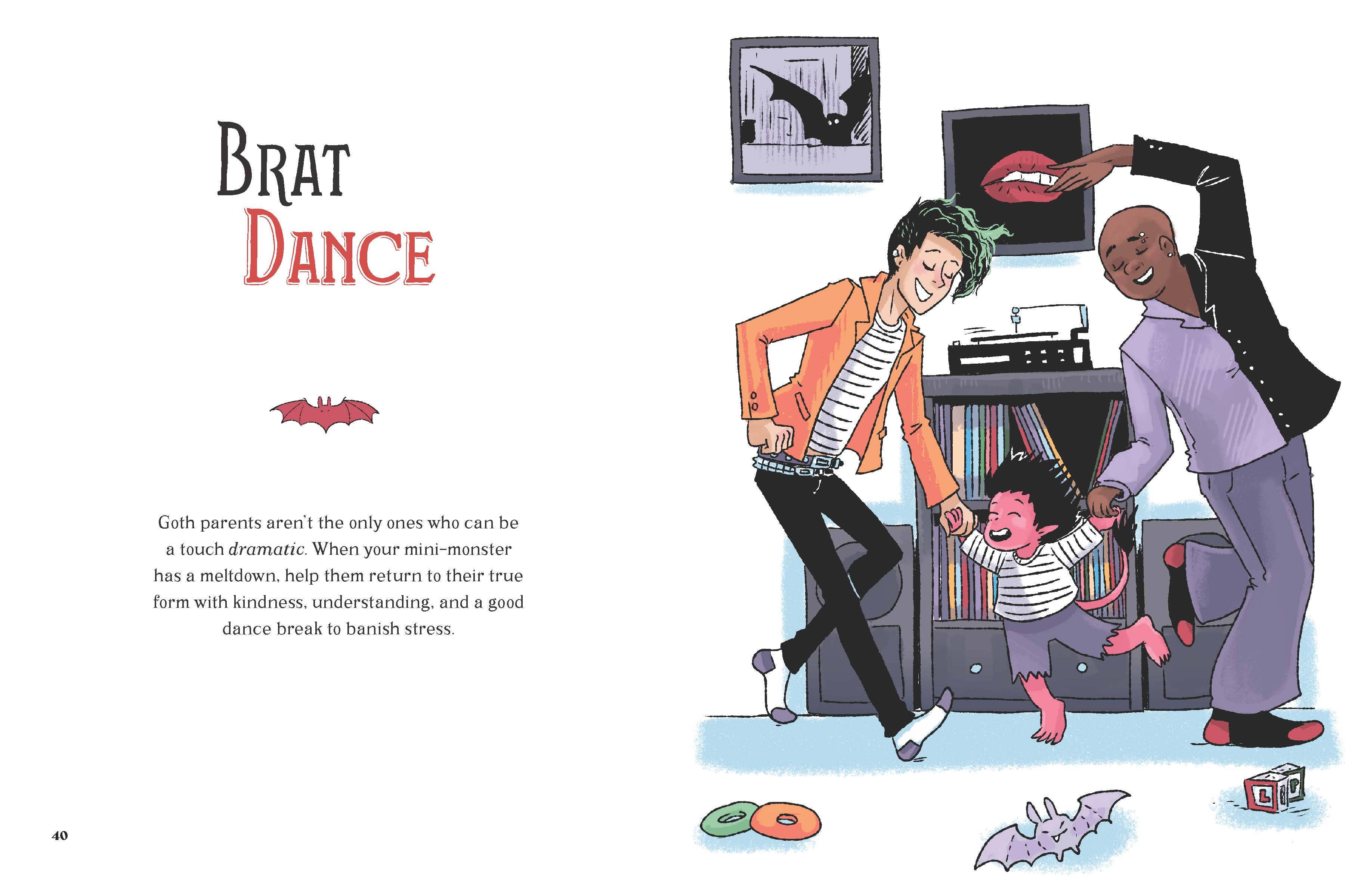 Two adults and a child dance in a toy-filled room; theme: Goth Parenting.