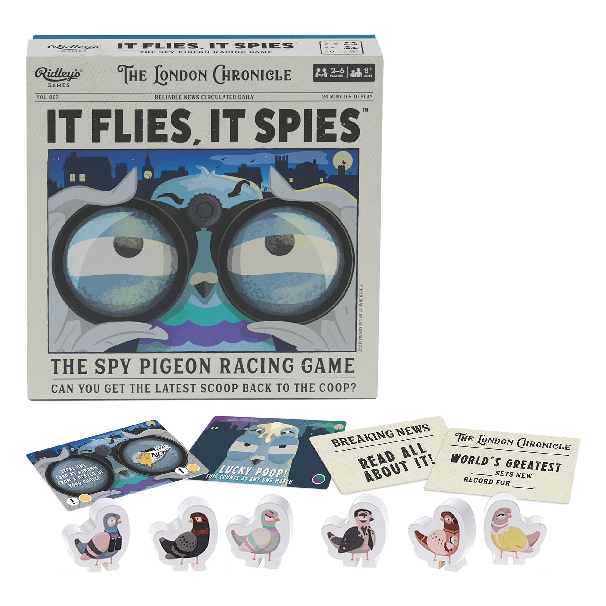 It Flies, It Spies board game box and components, including illustrated pigeon cards.