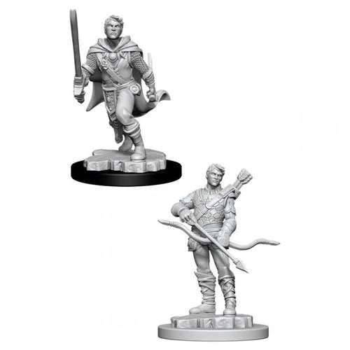 Two unpainted plastic miniatures: D&D NMU Male Human Ranger W11 with bow and quiver, and one with sword and cape.