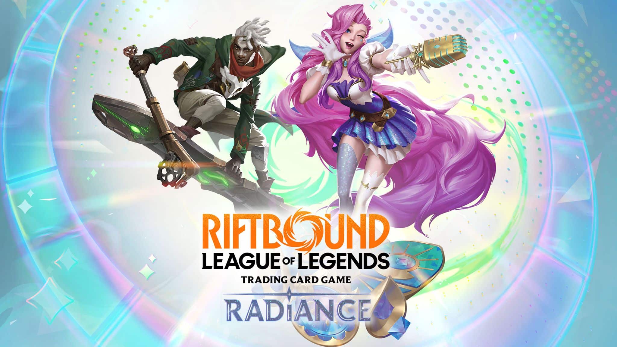 Riftbound Pre-Rift Event @ Gamelandia logo with two fantasy characters, one on a hoverboard and one with a microphone.