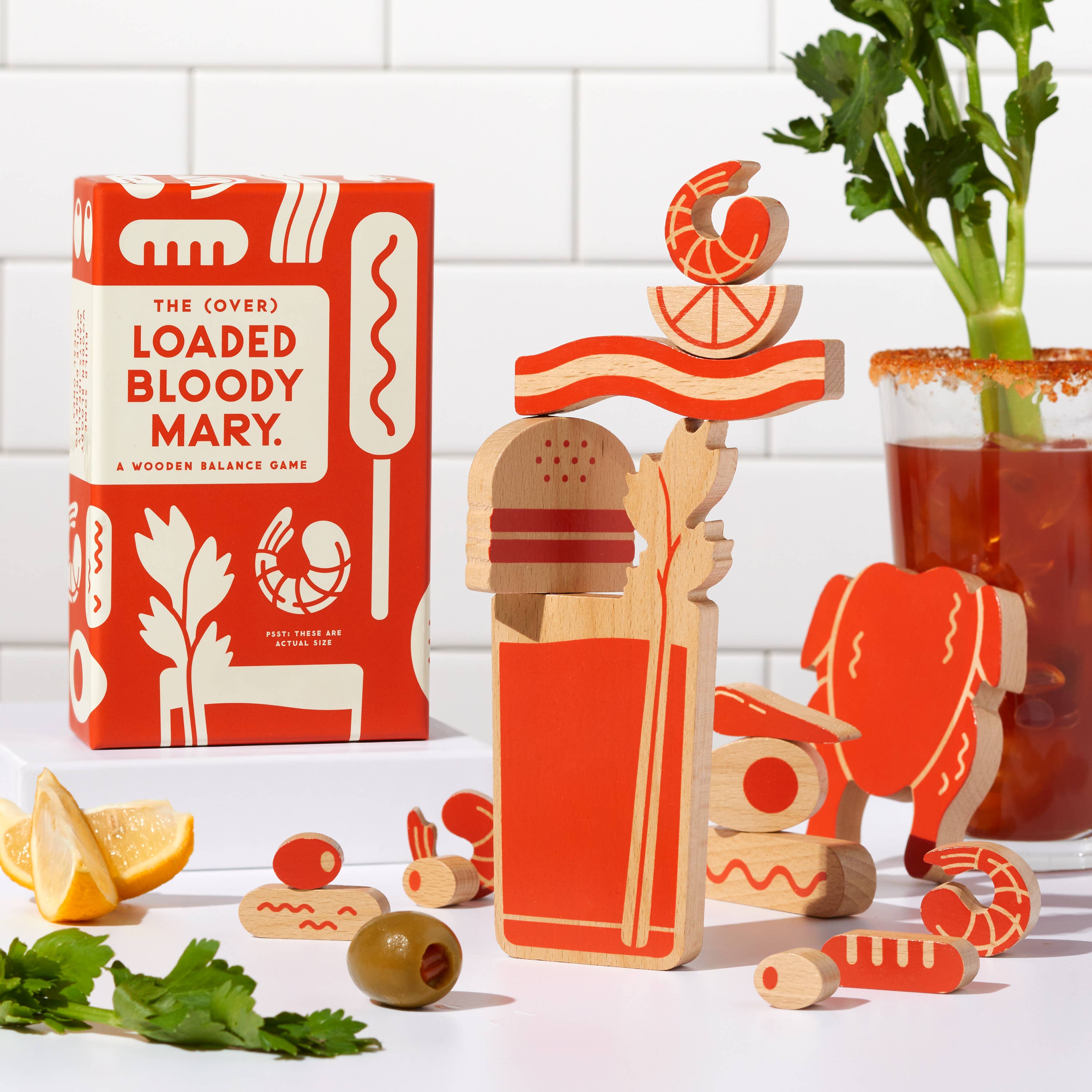 Brass Monkey (Over) Loaded Balance Game with stackable wooden Bloody Mary pieces.