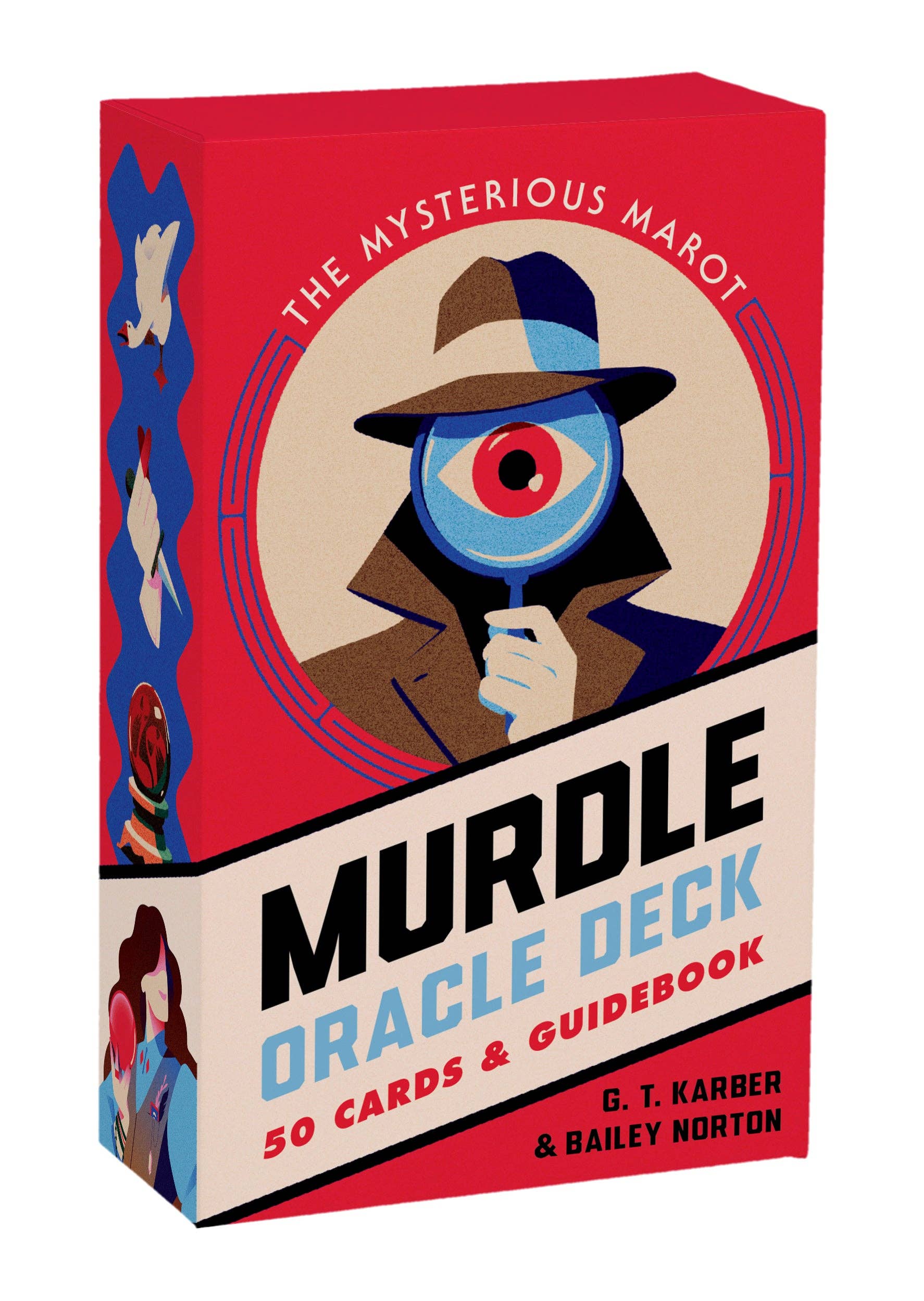 Murdle Oracle Deck in red box featuring detective illustration.