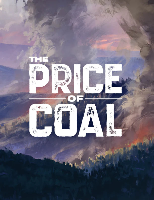 “The Price of Coal” product featuring bold text and a design with fiery, smoky mountain imagery.