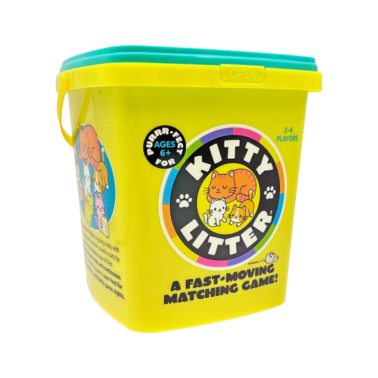 Kitty Litter Fast-Action Matching Game for 2–4 kids ages 6+, packaged in a yellow bucket with teal lid.