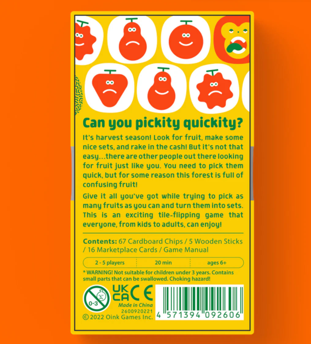 Back of Quickity Pickity box showing game description, contents list, and barcode on a yellow background.