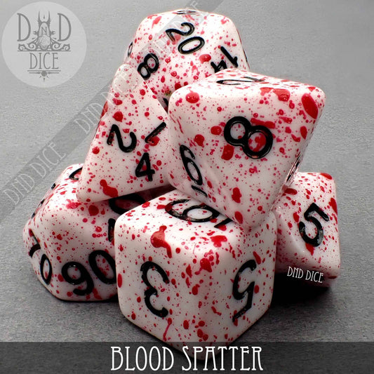 Blood Spatter hand-painted acrylic DND dice set with black numbers and red splatter pattern.