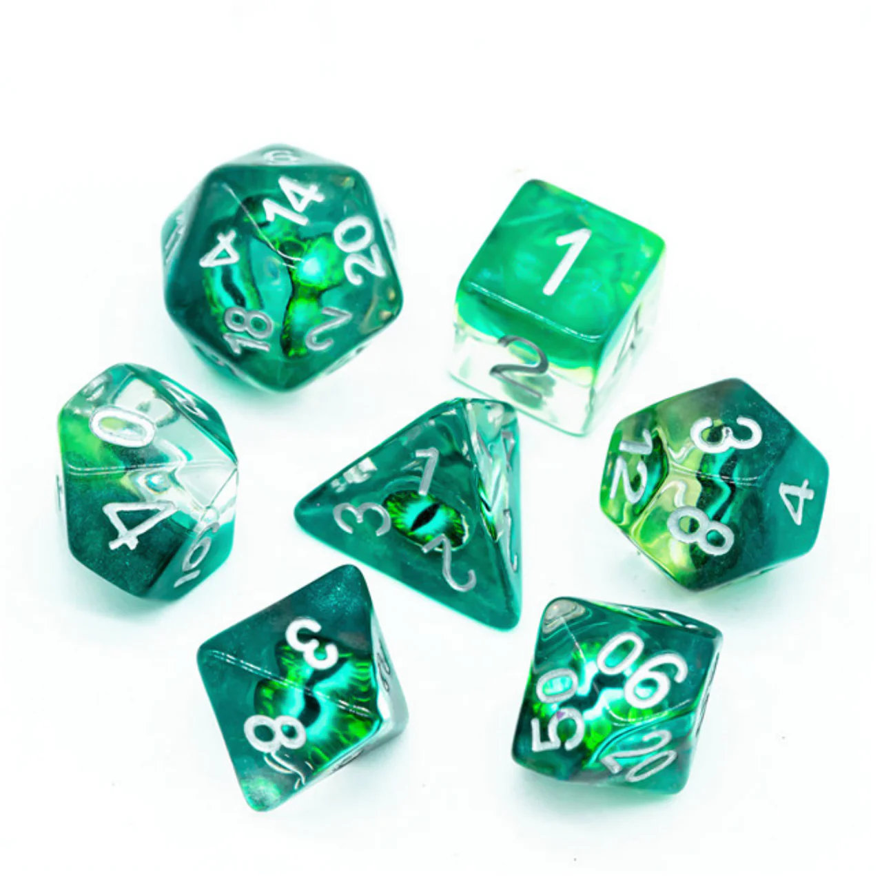 Jade Dragon Eye RPG Dice Set with seven green and clear polyhedral dice, each showing white numbers.