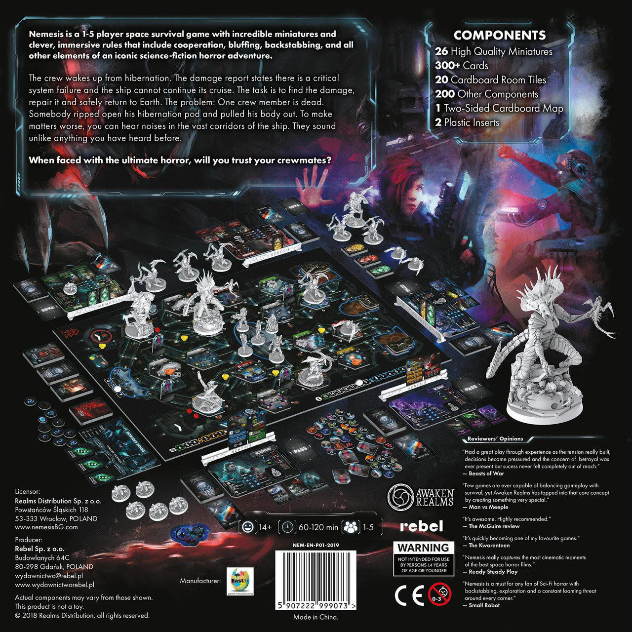 Nemesis board game with miniatures and cards arranged on a sci-fi spaceship-themed game board.