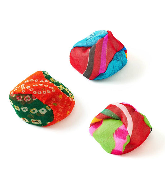 Set of three Sari Footbag Hacky Sacks in assorted colors, handmade from upcycled saris.