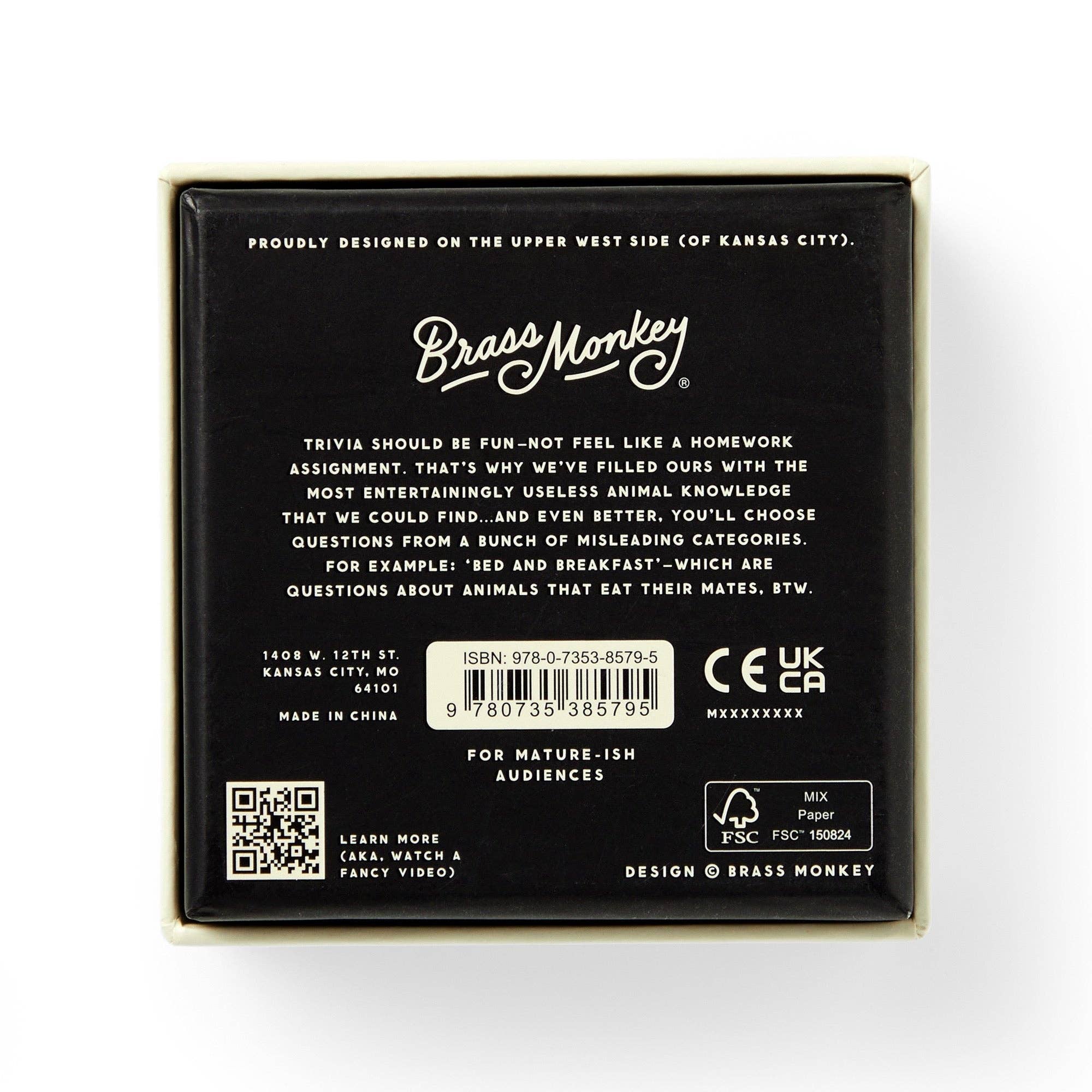 Back of Brass Monkey Useless Animal Trivia box showing animal facts, product text, and barcode.