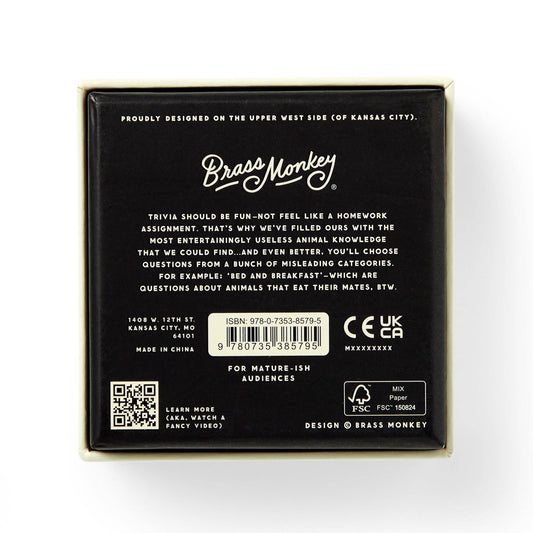 Back of Brass Monkey Useless Animal Trivia box showing animal facts, product text, and barcode.