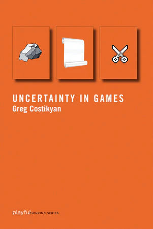 Book titled Uncertainty in Games with orange cover and rock, paper, scissors icons.