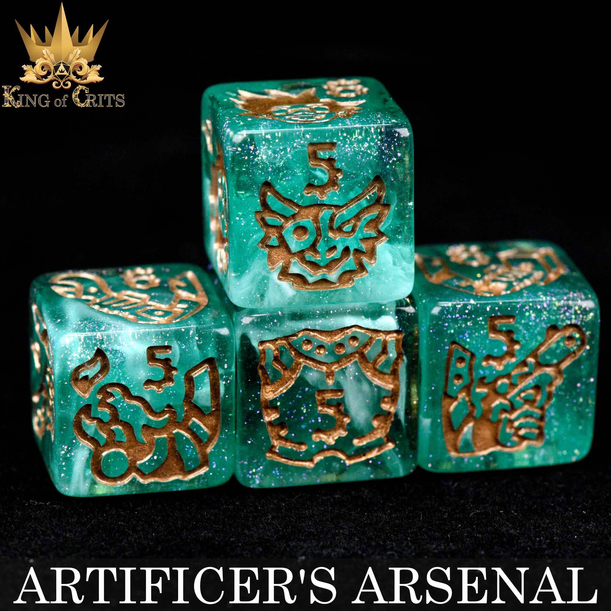 The Artificers Arsenal 11 dice set with glittery green dice and gold engravings.