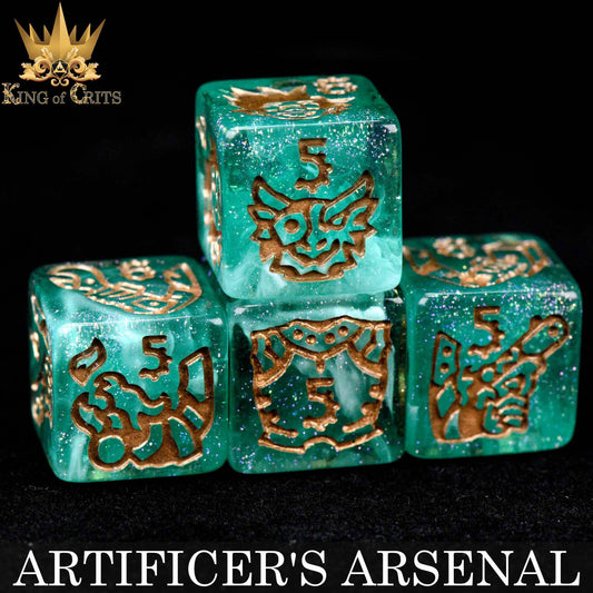 The Artificers Arsenal 11 dice set with glittery green dice and gold engravings.