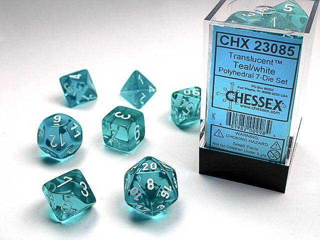 Chessex Translucent Polyhedral Teal/white 7-die set with teal translucent dice and white numbers next to labeled box.