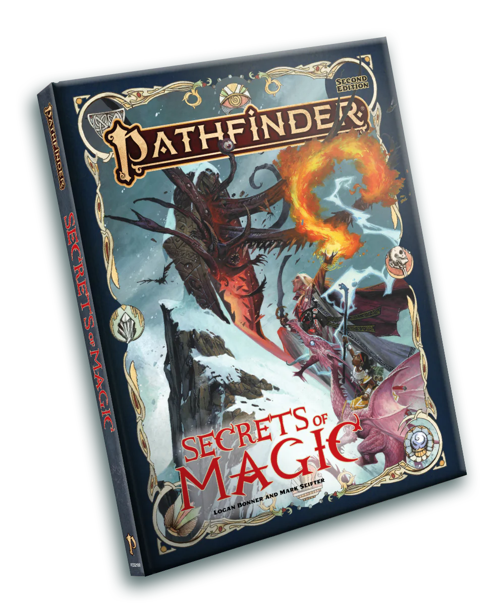 Pathfinder 2nd Edition: Secrets of Magic book cover featuring a mage using fire and magic against a dragon.
