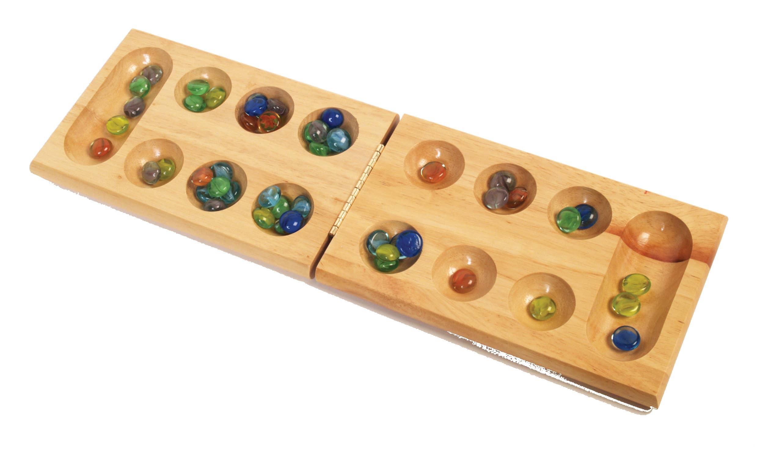 Wood Mancala game with classic wooden board and colorful glass beads, packaged in a tin.