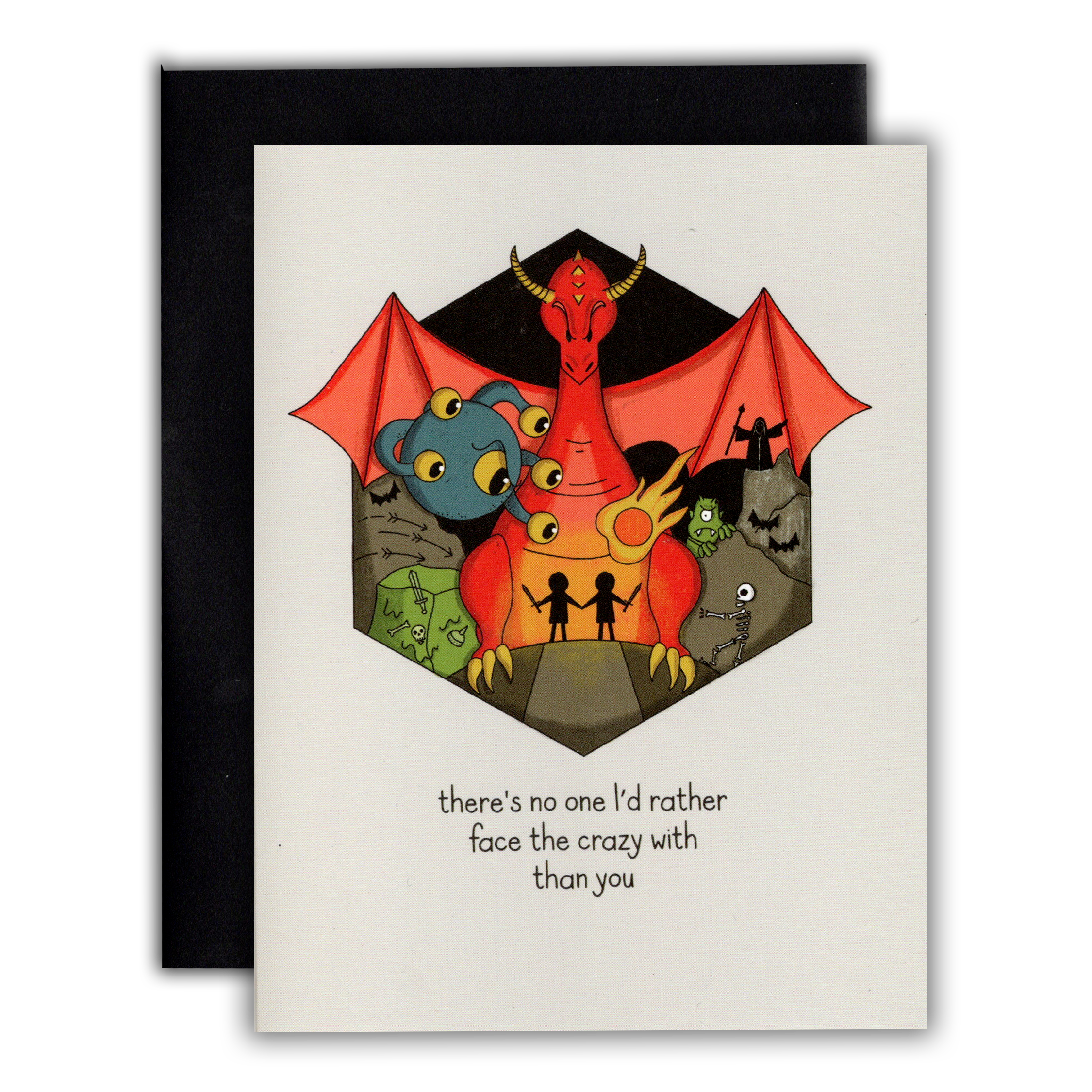 Face the Crazy Together D&D friendship card featuring quirky monsters.