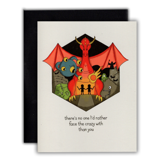 Face the Crazy Together D&D friendship card featuring quirky monsters.