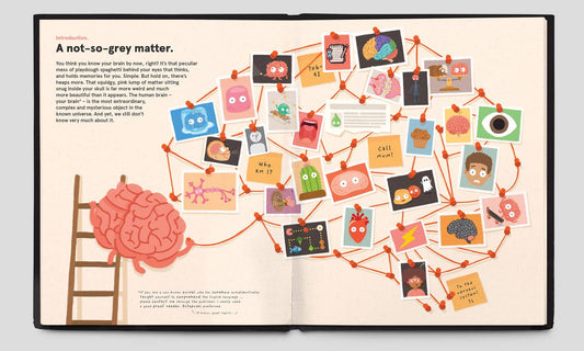 Illustrated brain connected by strings to cartoon organs and objects, inspired by Your Brilliant Brain by Philip Bunting.