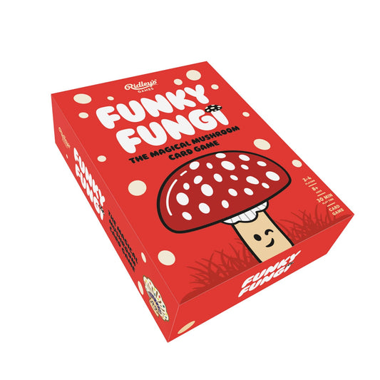 Funky Fungi game box featuring a cartoon mushroom and white text.