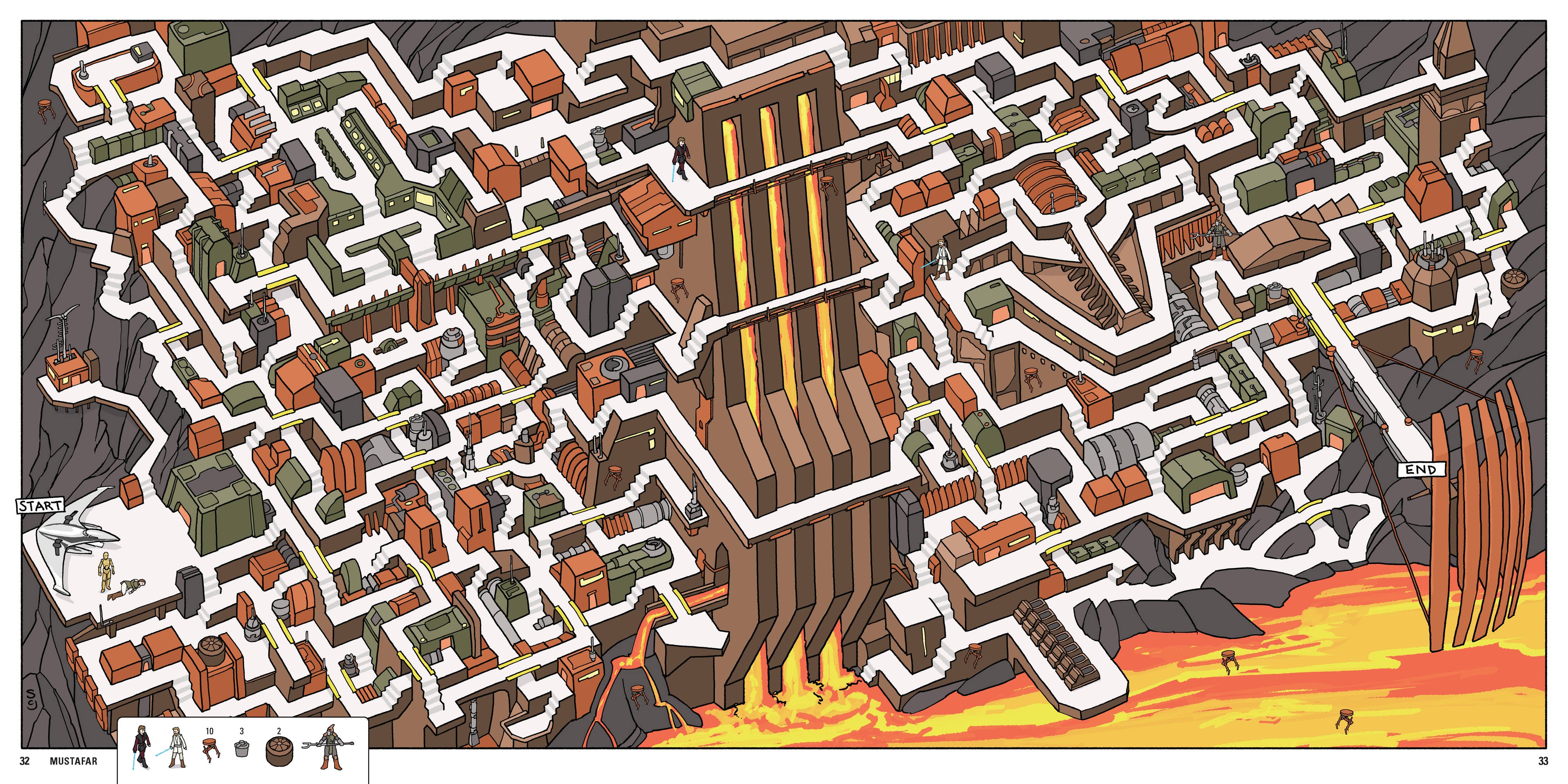 Star Wars Mazes illustrated puzzle featuring lava, bridges, buildings, figures, and iconic obstacles.