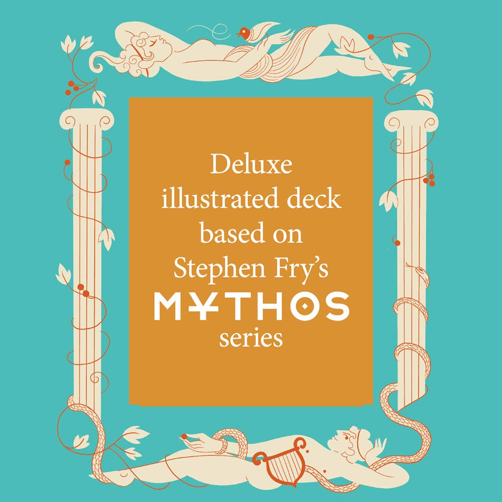 Mythos Deck of Greek mythology playing cards with Greek-themed ornate frame and text.
