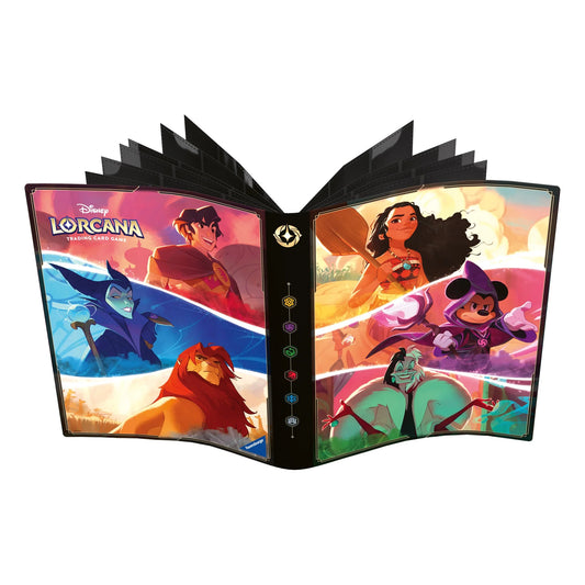 Disney Lorcana TCG Shimmering Skies Portfolio, Aladdin, Maleficent, Simba, Moana, Mickey, Cruella de Vil variant.