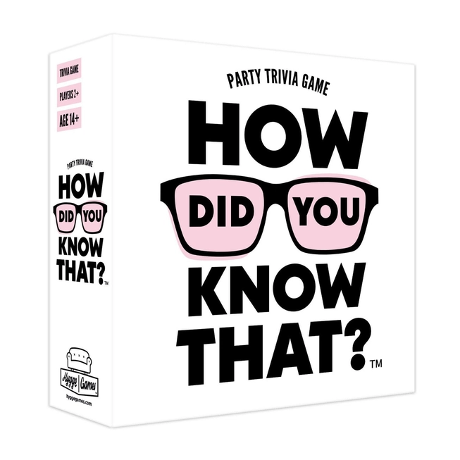 How Did You Know That? trivia game in a white box with a pink glasses illustration on the packaging.