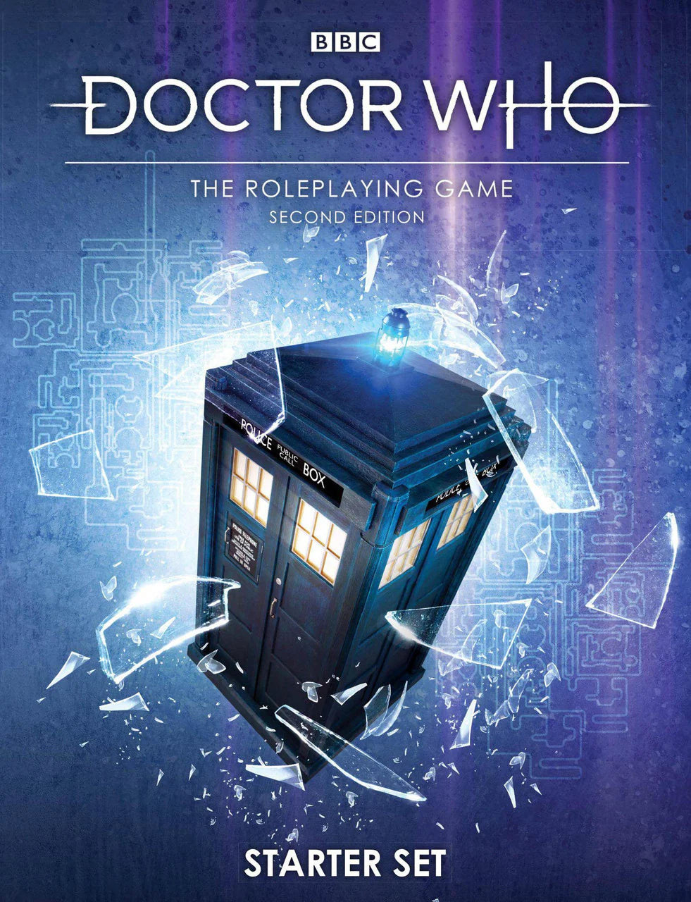 Doctor Who The Roleplaying Game 2E Starter Set cover featuring the TARDIS and shattered glass.
