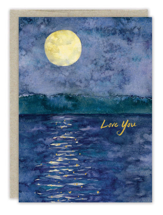 Moon Over Water Anniversary Card with full moon, blue water, and yellow Love You script. Art by Sarah Forster.