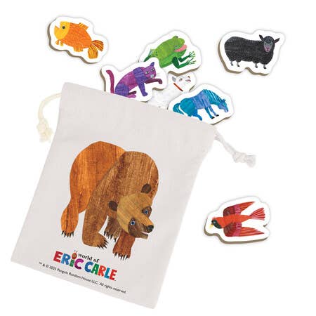 ERIC CARLE Brown Bear Animal Bingo game with animal magnets and a cloth bag.