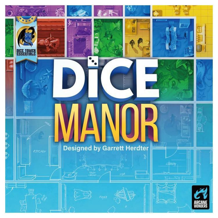 Dice Manor board game with blueprint room graphics and a property developer theme.