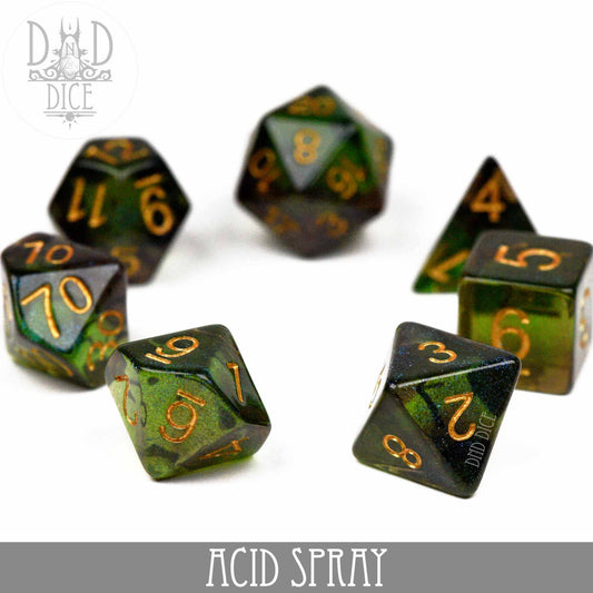 Acid Spray green and black resin RPG dice set with gold numbers on a white background.