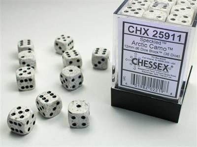 Speckled 12mm d6 dice block of 36 white dice with black pips in a clear Arctic Camo Chessex box.