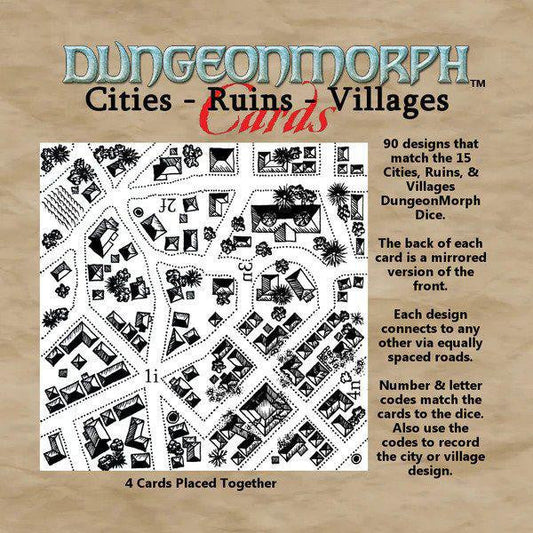 DungeonMorph Cards set featuring Cities, Ruins, and Villages variants shown with descriptions.