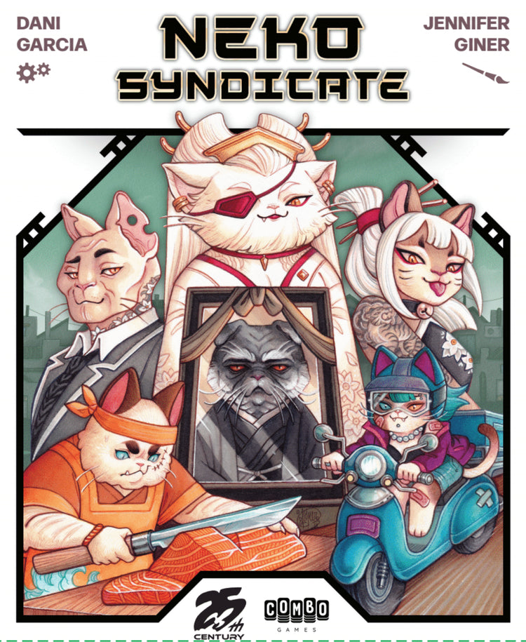 Neko Syndicate cat-themed product featuring five cats dressed as mobsters with a gray feline boss portrait.