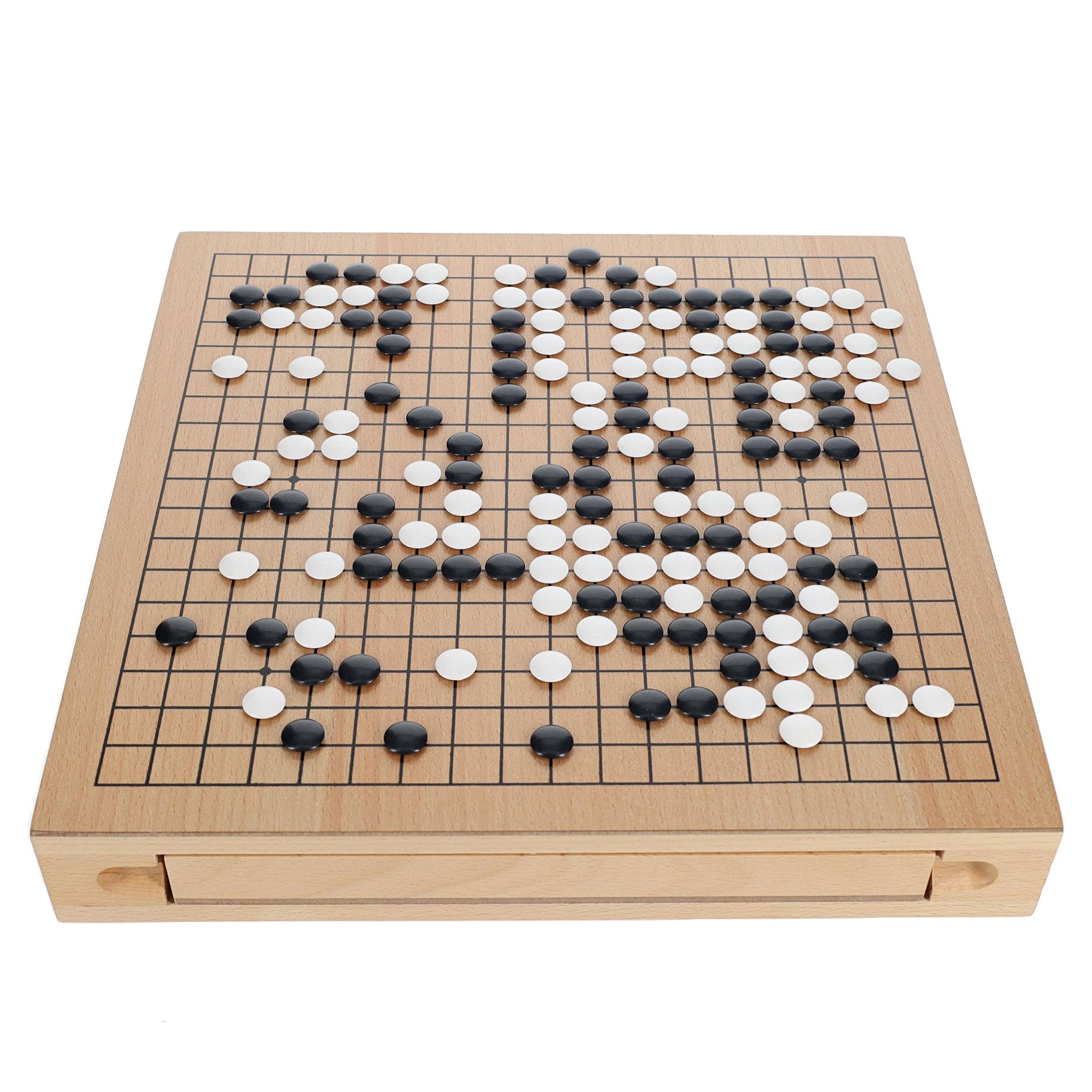 Wood GO Set, 12 in., with storage drawers and playing grid, includes black and white stones arranged for a game in progress.