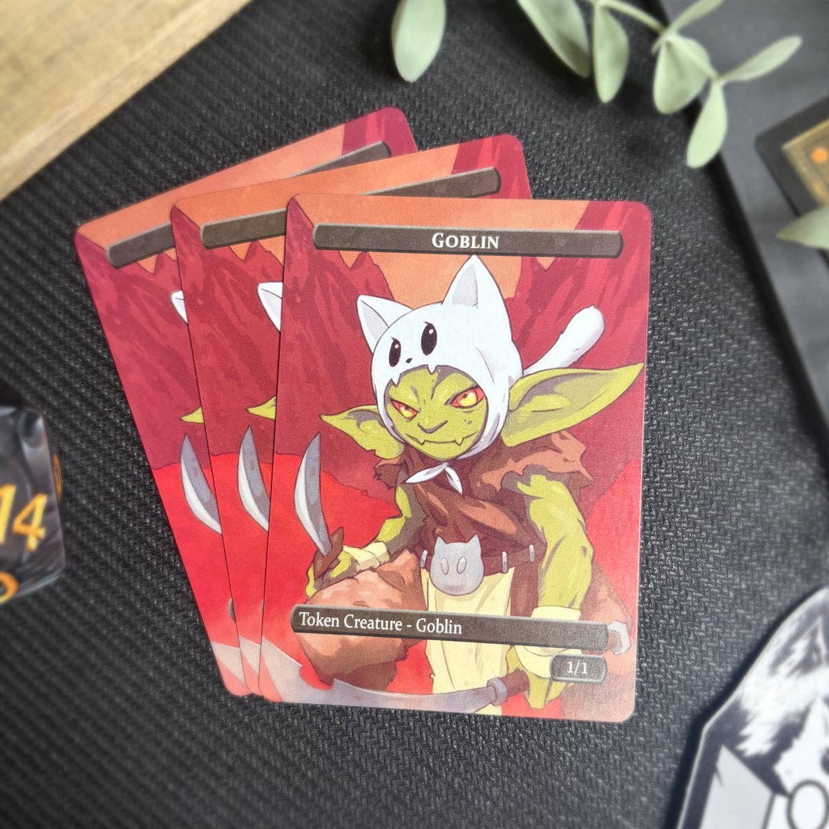 Gold & Goblin Token Set MtG cards: goblin in white cat-eared hood with curved sword and gold token.