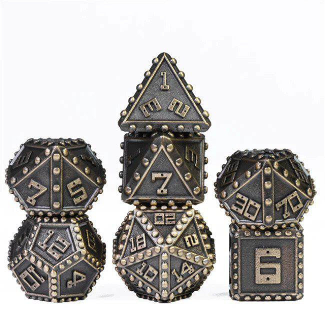 Bronze Brigandine Armor RPG metal dice set with ornate D20, D12, D8, D6, and D4 dice for tabletop gaming.