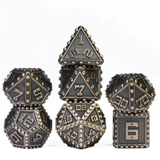 Bronze Brigandine Armor RPG metal dice set with ornate D20, D12, D8, D6, and D4 dice for tabletop gaming.