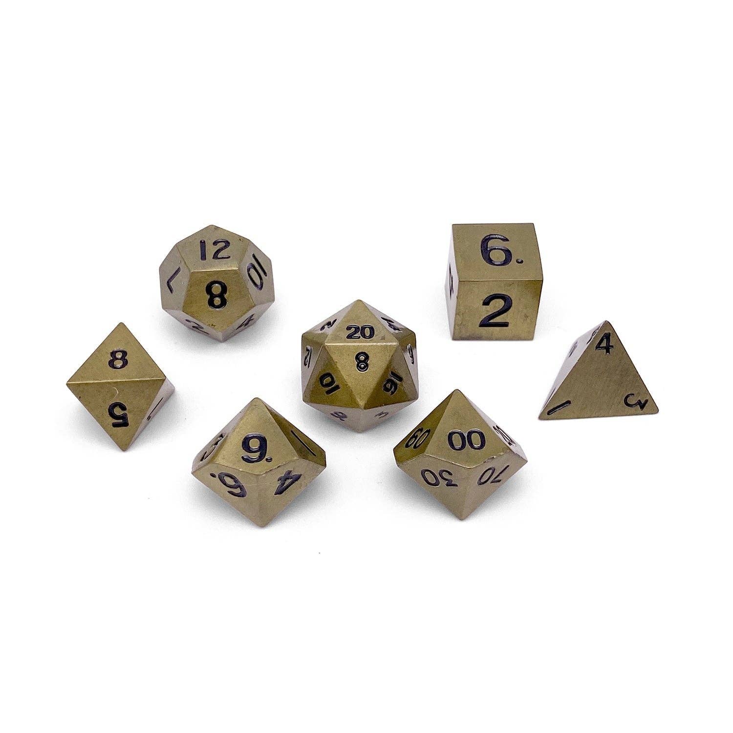 Bronze Dragon Scale 7-piece metal D&D and RPG dice set with black numbers on a white background.
