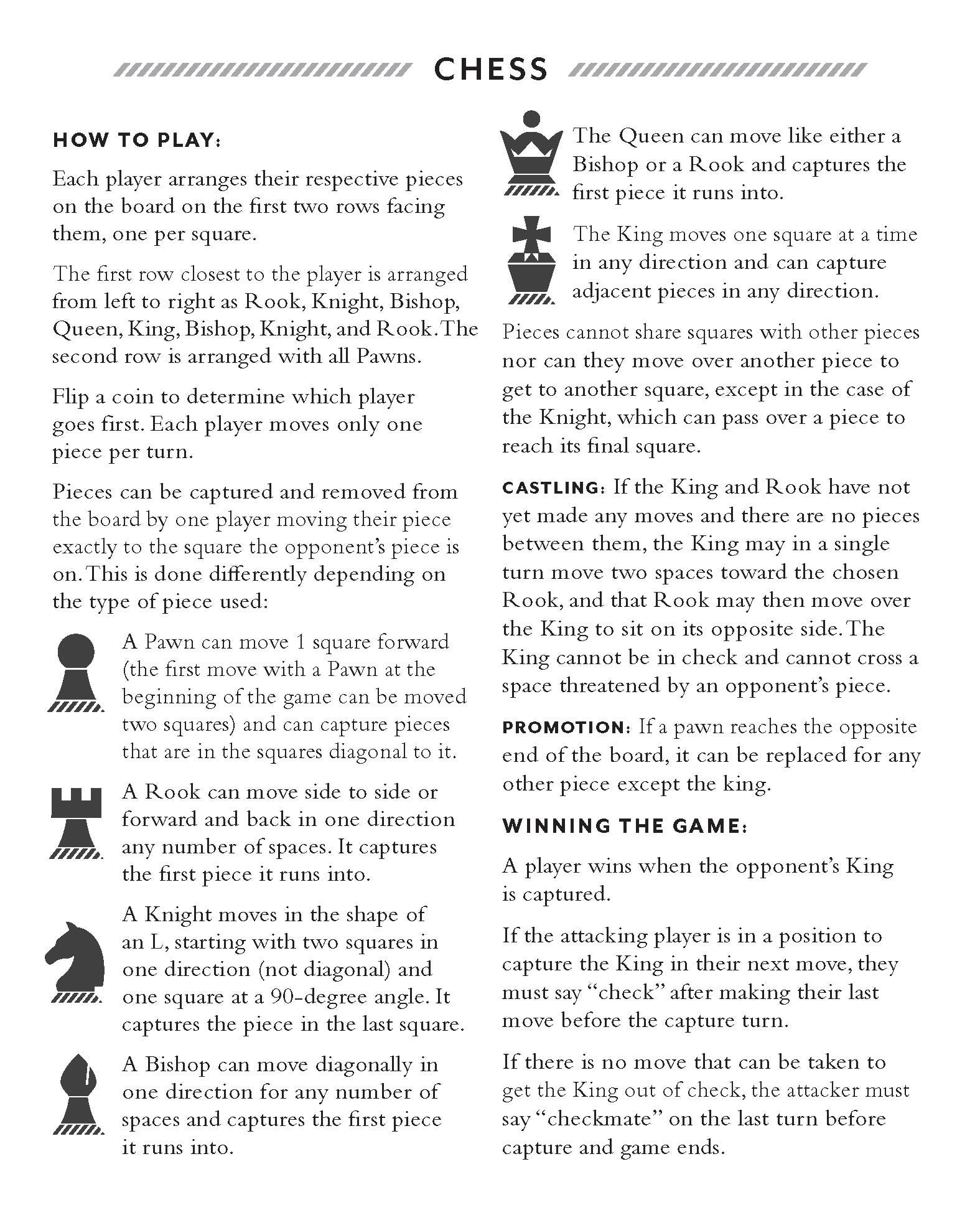 Pendleton Red Black Check Pattern Chess & Checkers set with rules and icons comparing chess moves to checkers.