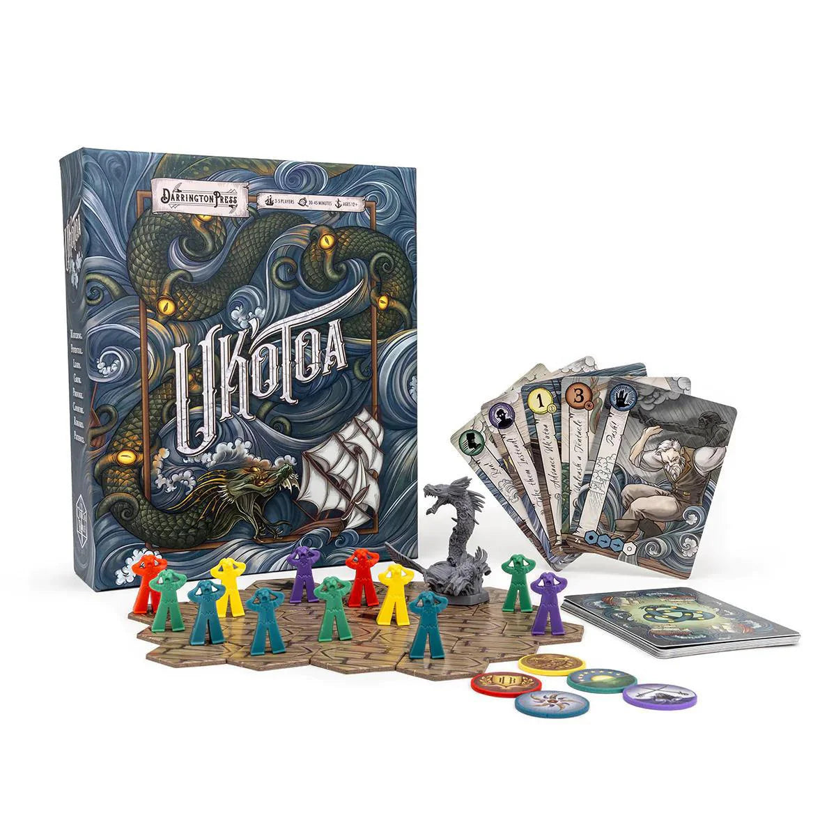 Uk’otoa board game by Critical Role with colorful tokens, cards, sea monster figure, and pieces on a white background.
