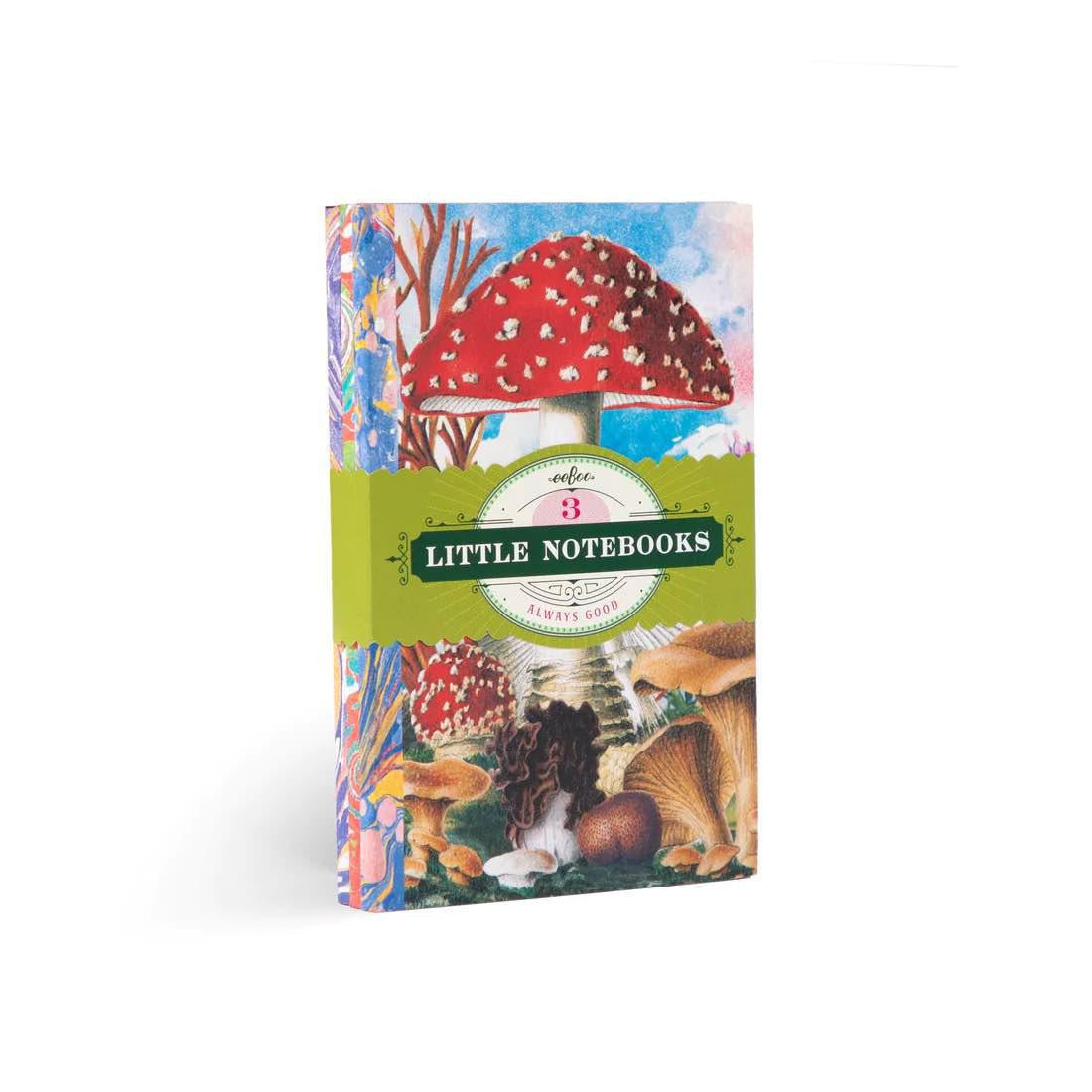 Fumihas Little Book Set, three notebooks with illustrated mushroom and foliage collage covers.