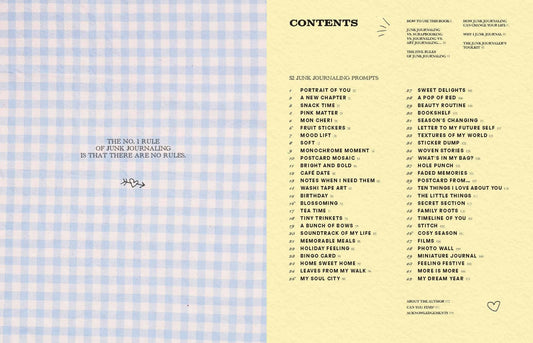 A Year of Junk Journaling book with blue gingham page, quote, and 52 creative prompts on yellow textured background.